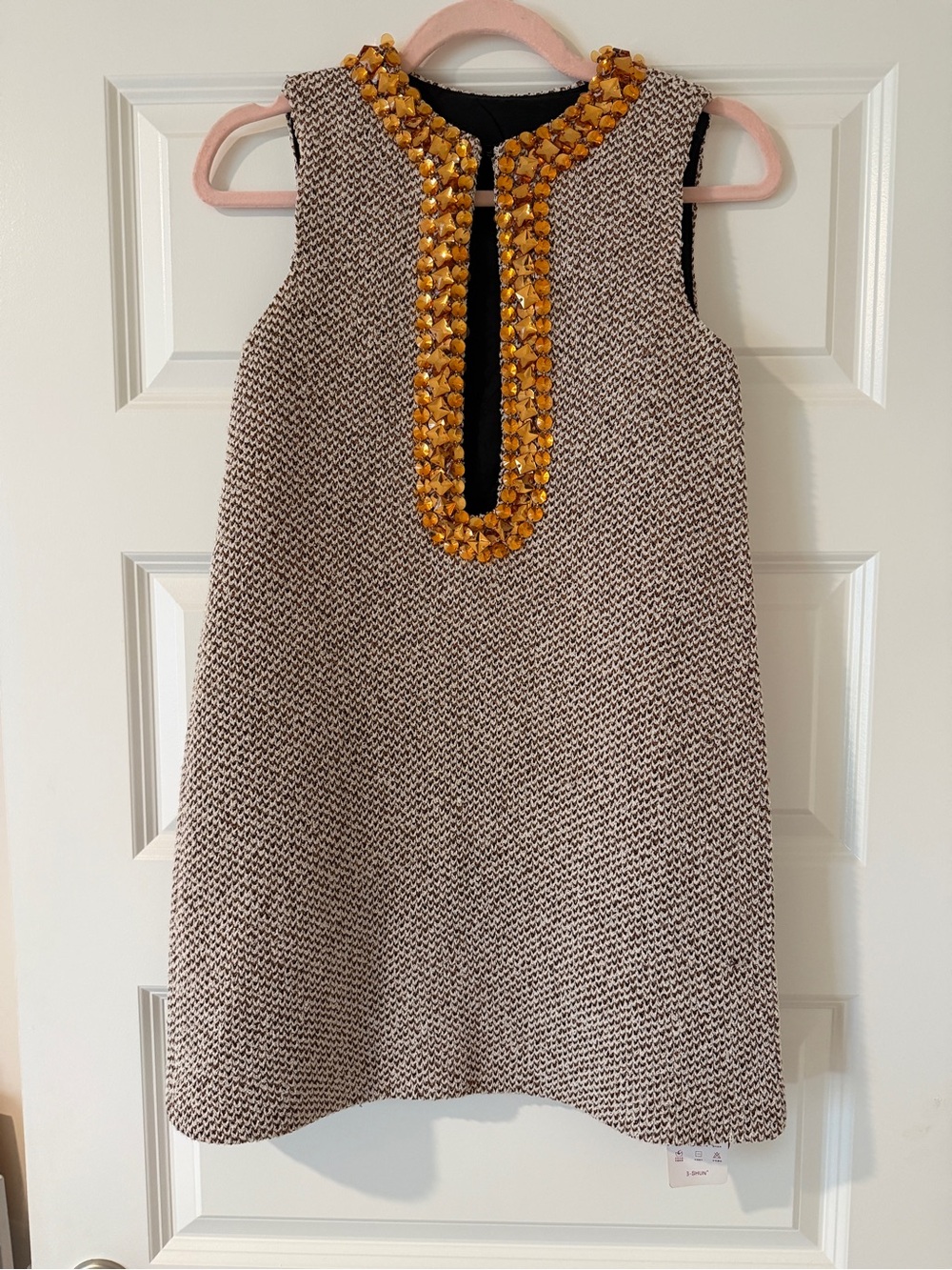 SHUN Cream and Brown Tweed Sleeveless Shift with Beaded Neckline